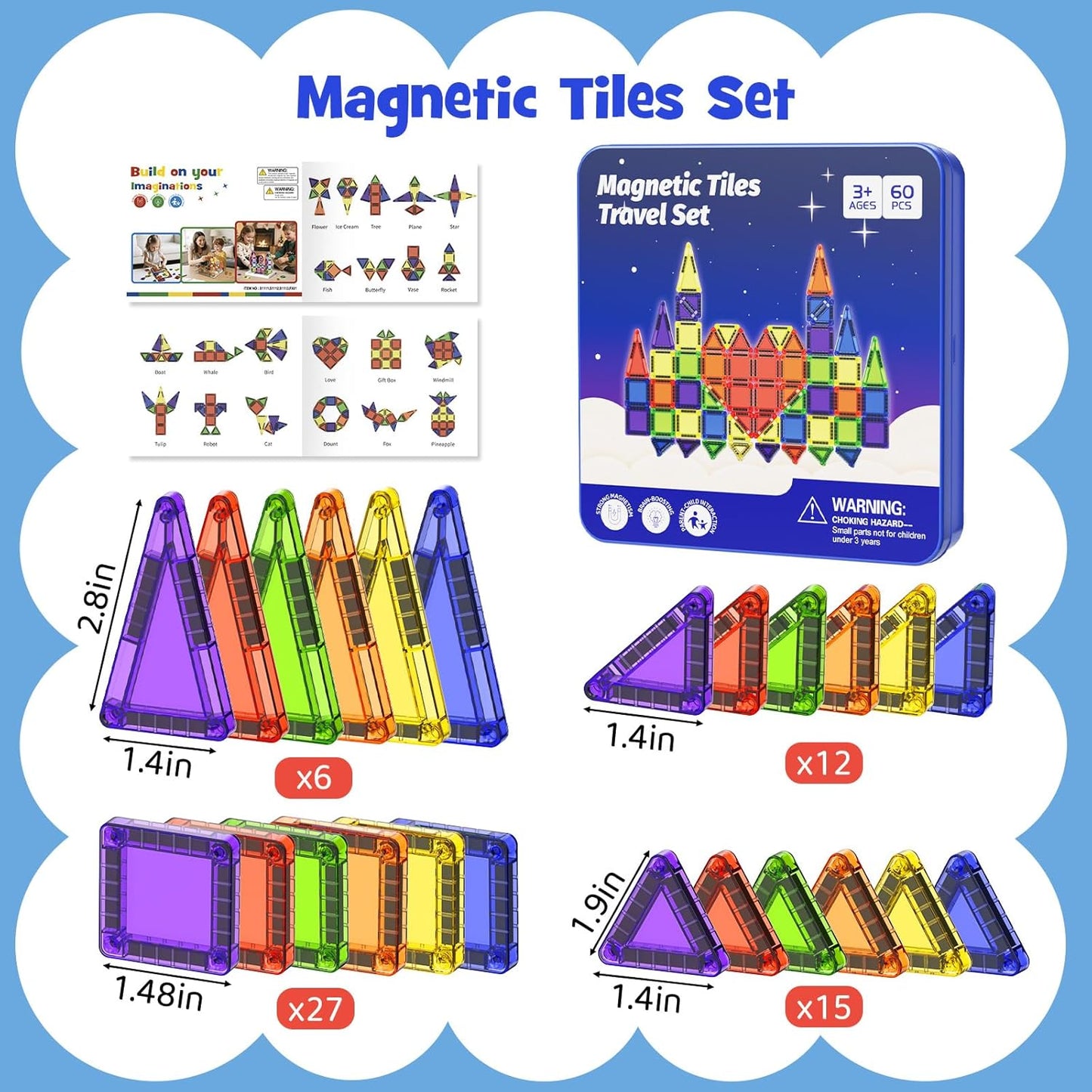 Magnetic Tiles for Kids Ages 4-8, Magnetic Blocks Travel Set with Diamond Surface & Metal Storage Box, 60PCS STEM Learning Toys, Educational Building Gifts for 3-8 Year Olds