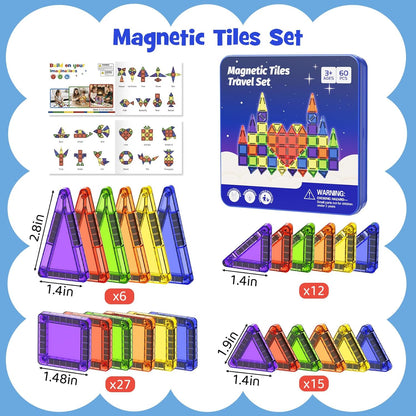 Magnetic Tiles for Kids Ages 4-8, Magnetic Blocks Travel Set with Diamond Surface & Metal Storage Box, 60PCS STEM Learning Toys, Educational Building Gifts for 3-8 Year Olds
