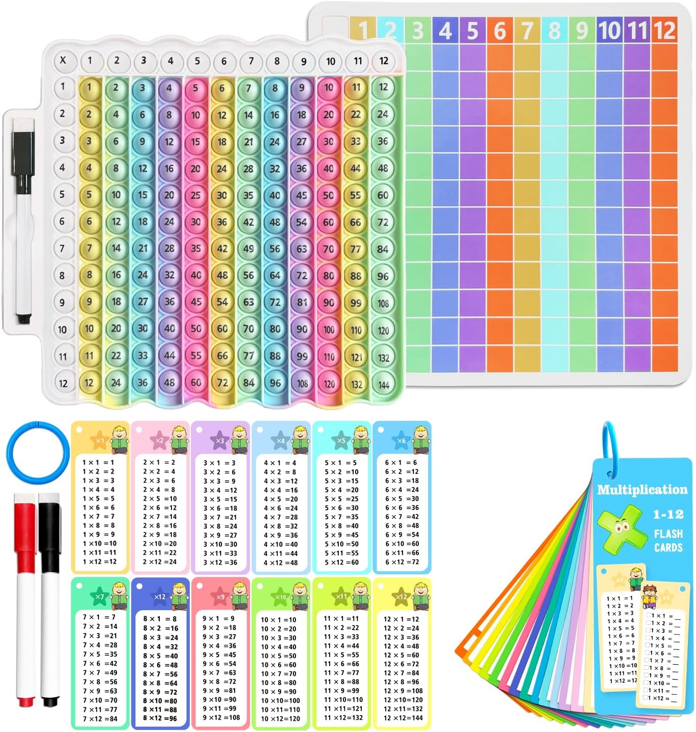 Multiplication Flash Cards + Pop Fidget Multiplication Chart, Times Table Educational Flashcard 3rd Grade, 4th, 5th, 6th Grade