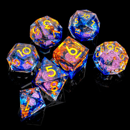 Liquid Core DND Dice Set, 7pcs Sharp Edge Dice for Role Playing Dungeons and Dragons Ttrpg with Gift Box, Handmade Resin D&D Dice RPG Role Playing Games Dice Set(Blue Gold)