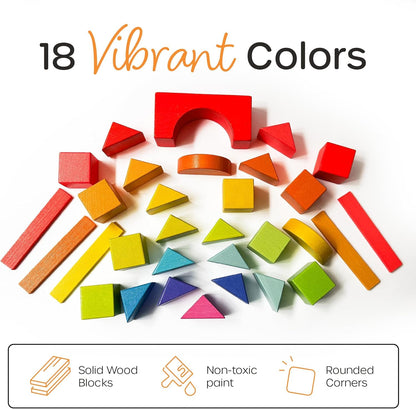 Quiggly Montessori Wooden Rainbow Building Blocks Set | 68-Piece Educational STEM Toy for Toddlers | Includes Storage Box with Carry Handles | Ideal for Ages 12-48+ Months (Wooden Storage Box)
