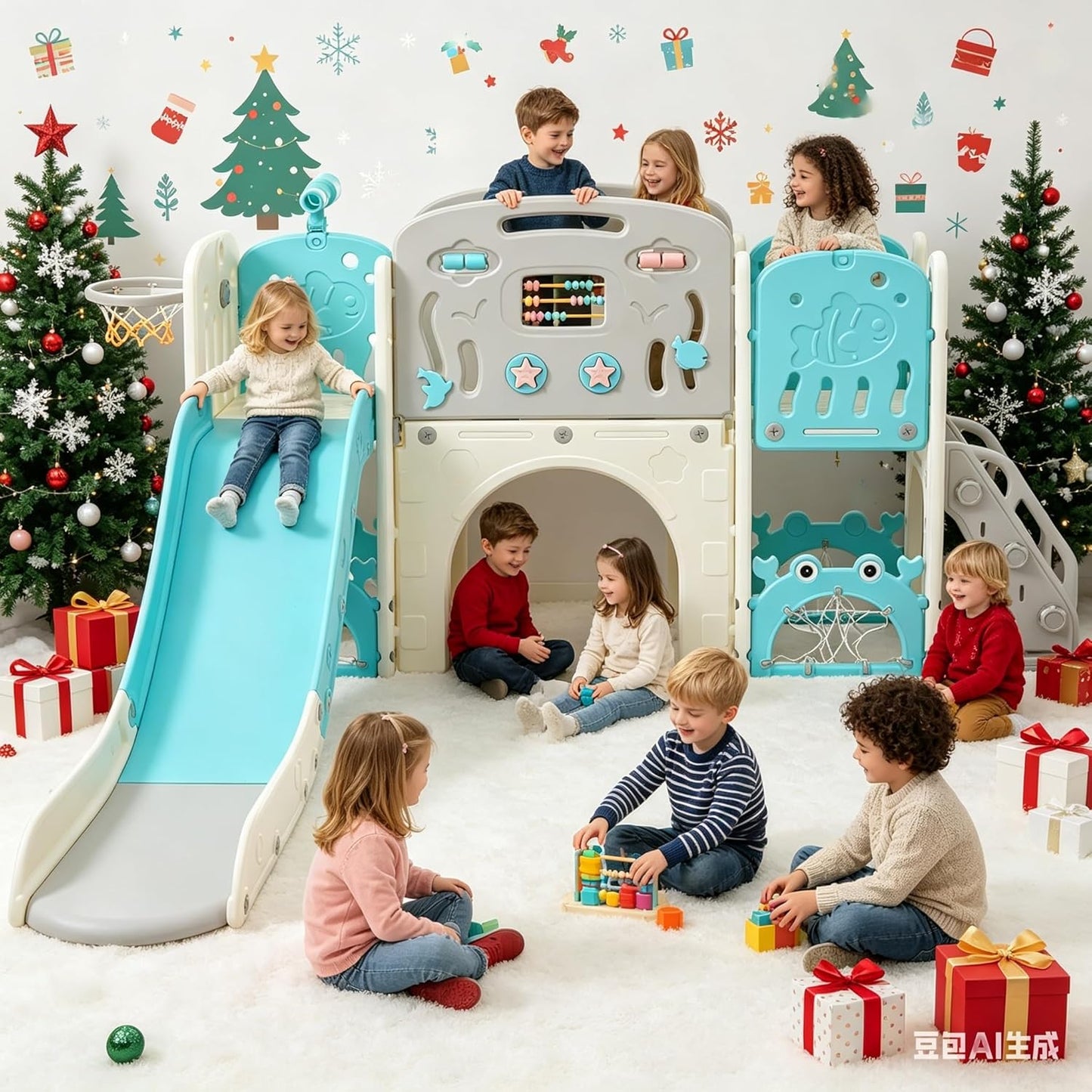 11in 1 Toddler Slide, Kid Slide for Toddlers Age 1-3 with Telescope, Basketball Hoop, and Telescope, Indoor Outdoor Playset Playground Blue Grey