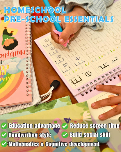 Large Magic Handwriting Practice Workbooks, Reusable Grooved Handwriting Practice for Kids 3-8, Toddler Writing Practice, Math Calligraphy, Letter Tracing, for Kindergarten Preschool, The Fun Kit