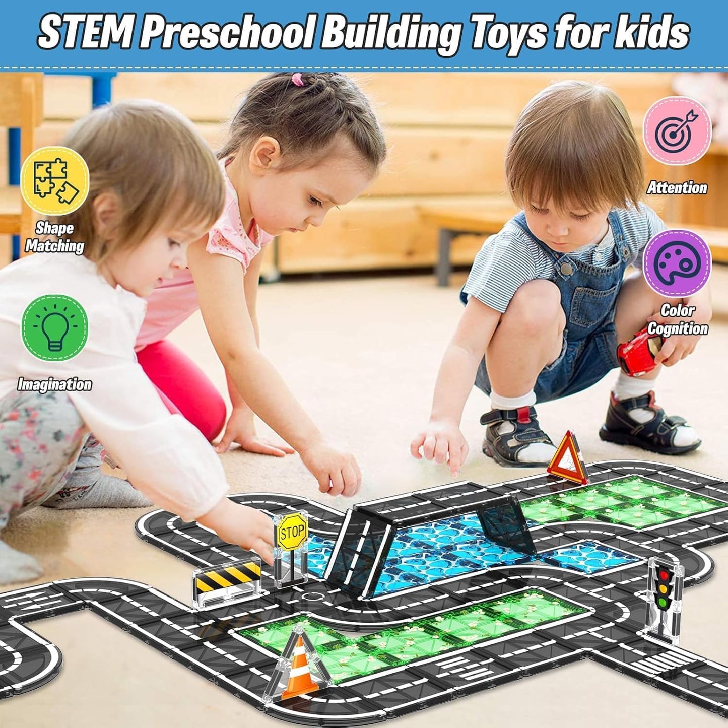 Magnetic Tiles, Magnetic Blocks Engineering Construction Vehicle Road Set, Toddler Toys for 3 4 5 Year Old Boys Girls Montessori Preschool Classroom Must Haves STEM Educational Kids Toys Birthday Gift