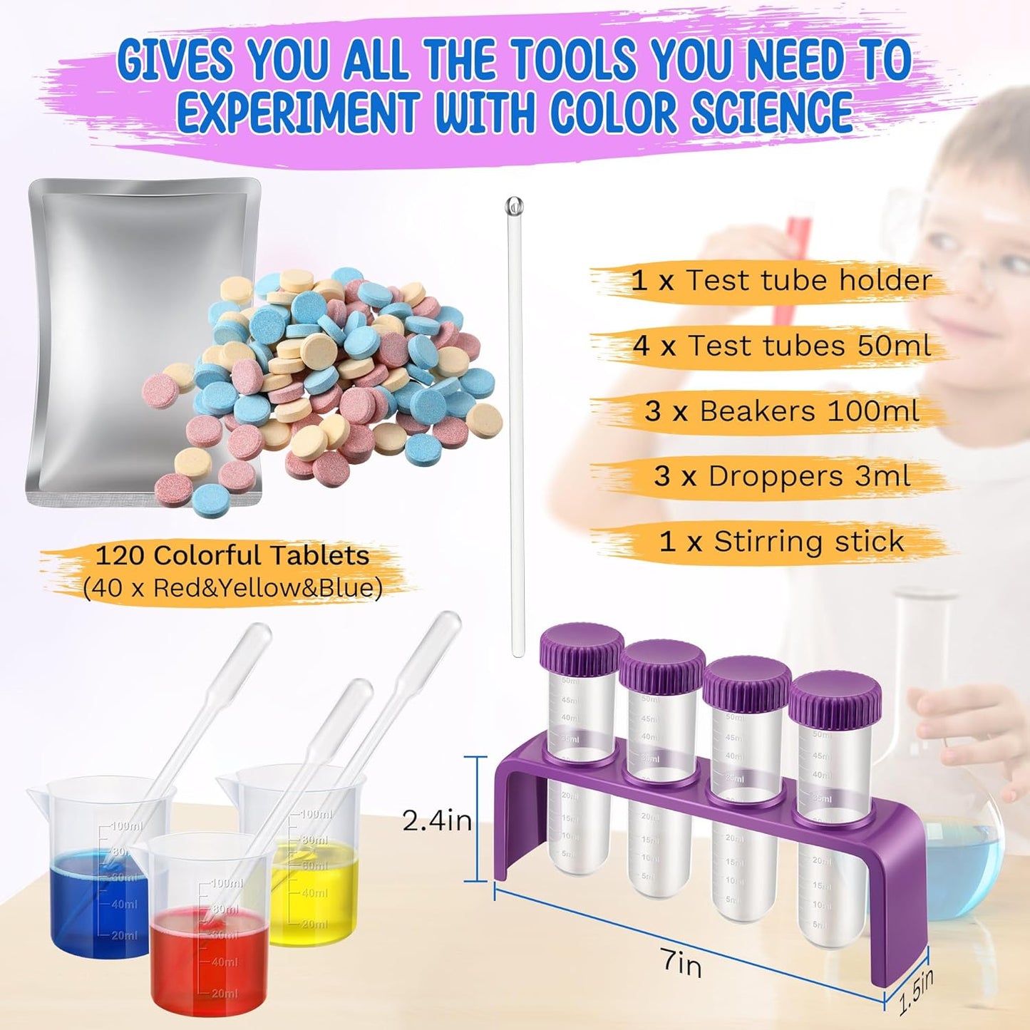 Colorful Science Experiment Kit for Kids, 120 Color Fizzers(Red, Yellow & Blue), Lab Science Test Tubes and Holder, Beakers, Droppers for STEM Activities Educational Gifts