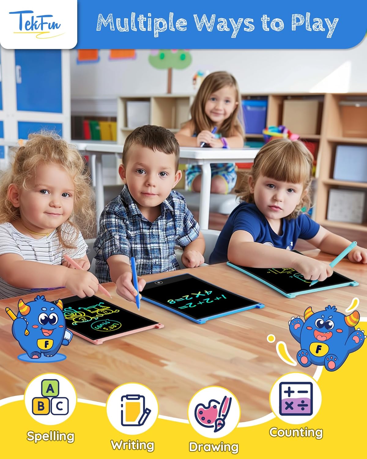 TEKFUN Kids Toys, 2Pcs LCD Writing Tablet with 4 Stylus, 8.5in Erasable Doodle Board Mess Free Drawing Pad for Kids, Car Trip Educational Toys Birthday for 3 4 5 6 7 Girls Boys