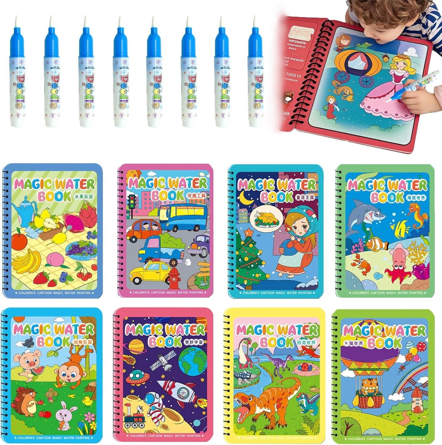 NYXTOB 8pcs Magic Water Book, Magic Water Painting Book, Paint with Water Books for Toddlers 1-3, 8 Painting Themes