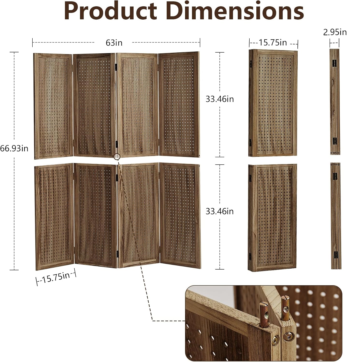 4 Panel Wooden Room Dividers, 5.6FT High Plug-in Folding Screen Made of Natural Wood, Pegboard Display for Bedroom and Shopping Malls and Jewelry Stores, Dark Brown