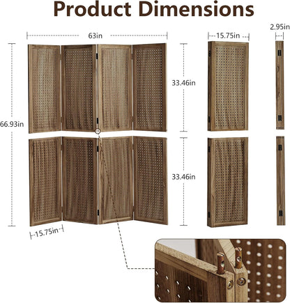 4 Panel Wooden Room Dividers, 5.6FT High Plug-in Folding Screen Made of Natural Wood, Pegboard Display for Bedroom and Shopping Malls and Jewelry Stores, Dark Brown