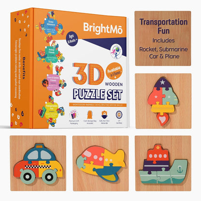 Montessori Wooden 3D Puzzle Set – Educational Wooden Toys for Toddlers (Themes: Ocean, Animals, Transport, Farm & Garden) (Animals)