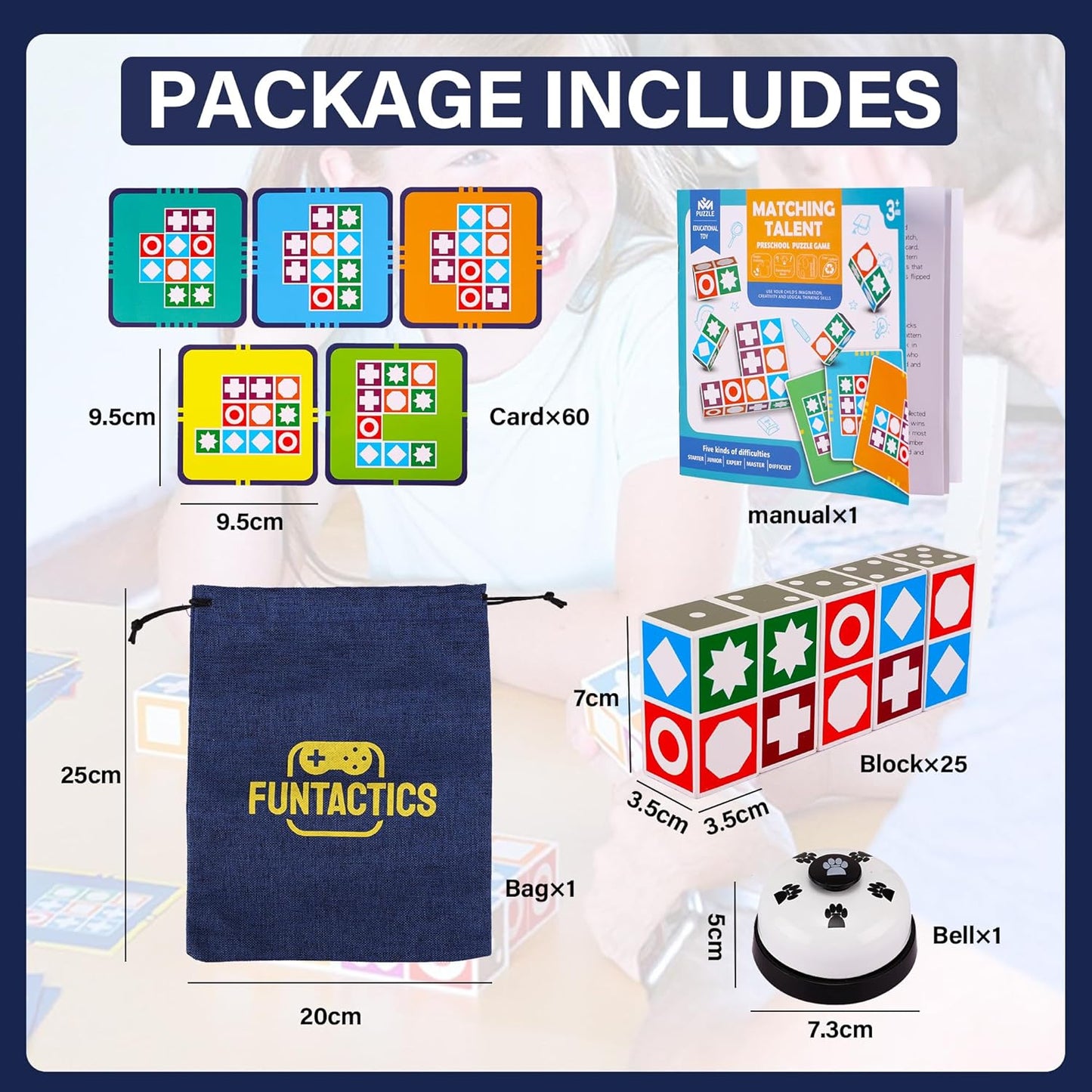 XXL Funtactics Wooden Matching Game Puzzle 3.0 Games, Pattern Block Match Puzzles Building Cubes with Bell for Kids and Adults Toys Board Games for Family Holidays Night 5 Players