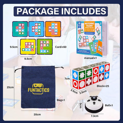 XXL Funtactics Wooden Matching Game Puzzle 3.0 Games, Pattern Block Match Puzzles Building Cubes with Bell for Kids and Adults Toys Board Games for Family Holidays Night 5 Players