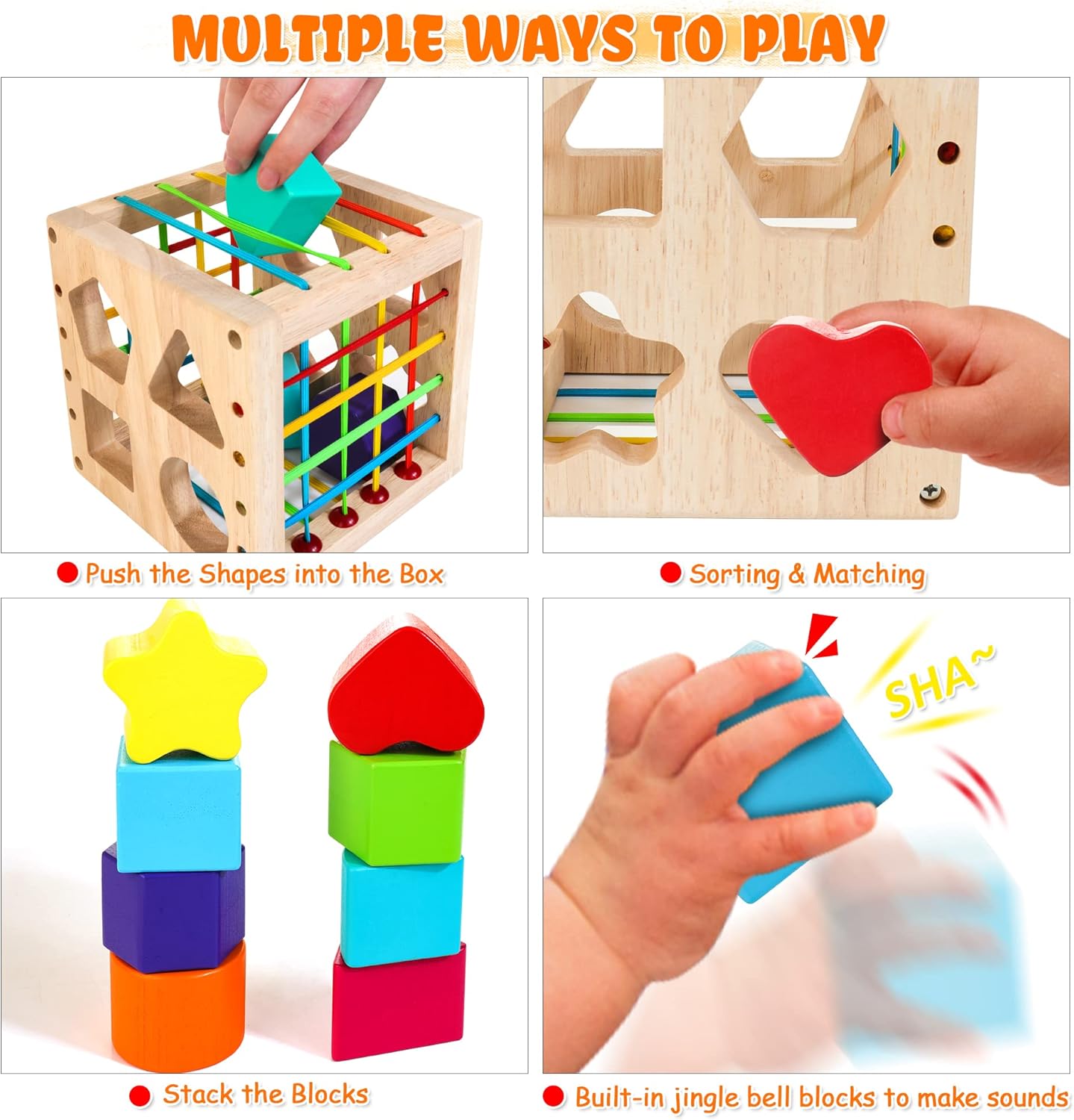 HELLOWOOD Montessori Toys for 1+ Year Old, Wooden Sorter Cube with 8pcs Rattling Shapes, Developmental Learning Toy Gifts for Baby Toddler Boys Girls, Gift Packaging