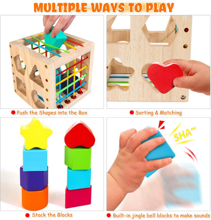 HELLOWOOD Montessori Toys for 1+ Year Old, Wooden Sorter Cube with 8pcs Rattling Shapes, Developmental Learning Toy Gifts for Baby Toddler Boys Girls, Gift Packaging