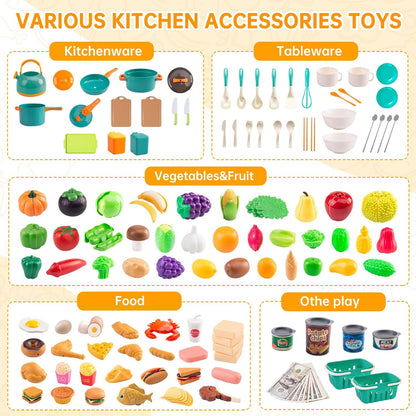 60Pcs Kids Mini Play Kitchen Accessories, Pretend Cooking Play Set with Cookware, Tableware & Fruit & BBQ Sets, Learning Gift for Boys, Girls, Toddlers,Yellow