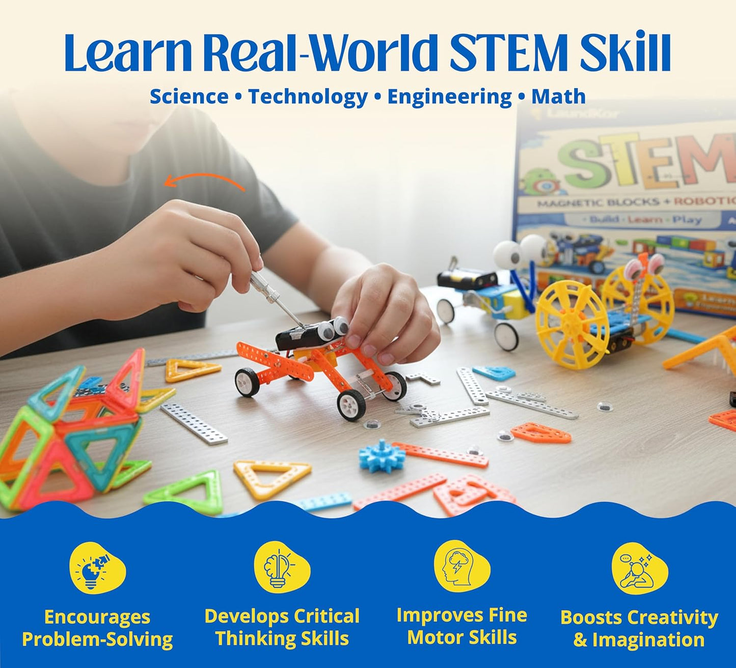6-in-1 STEM Robotics Kit for Kids 6-12 – Build 5 Real Moving Robots + 32 Magnetic Blocks, Engineering Science Toy with Tools, Educational Gift Set for Boys & Girls