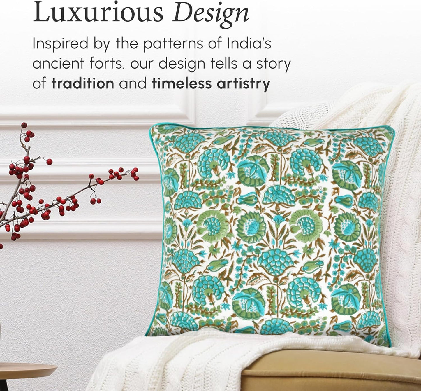 CPC 100% Cotton Throw Pillow Covers 18x18 Inch, Set of 2 Green Block Print Pattern Couch Pillow, Cute Boho Decorative Pillows for Living Room, Bedroom with Hidden Zipper- Agate Green