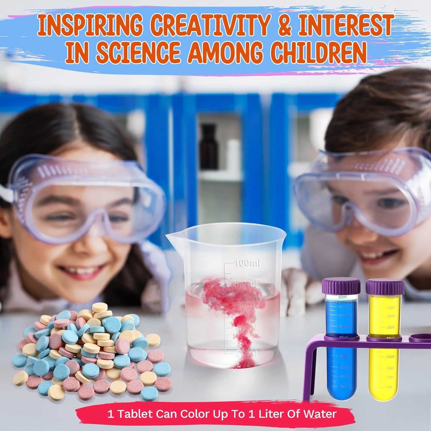 Colorful Science Experiment Kit for Kids, 120 Color Fizzers(Red, Yellow & Blue), Lab Science Test Tubes and Holder, Beakers, Droppers for STEM Activities Educational Gifts