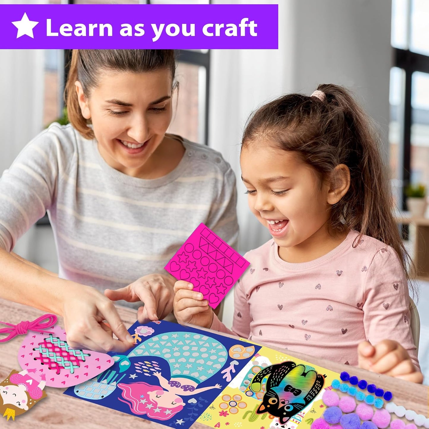 KRAFUN Toddler Art and Craft Kit, Preschool Educational Activities with 10 Envelope Projects - Origami, Puppets, Lacing & Pompoms, Creative DIY Gifts for Boys and Girls Ages 3-5