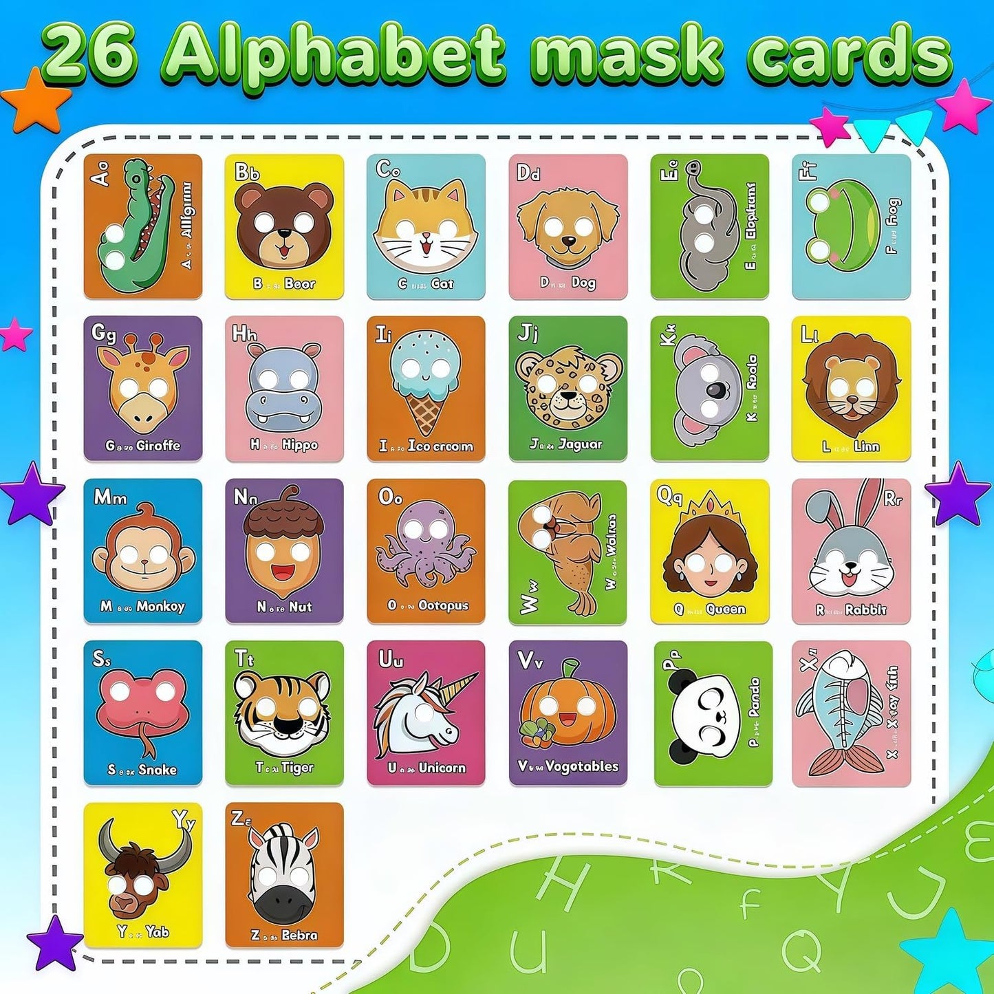 Alphabet ABC Flash Cards with Animal Masks, 26 Giant Animal mask Alphabet Cards, nteractive Education Games, Uppercase & Lowercase Learning Games，Colorful Mask Flashcards