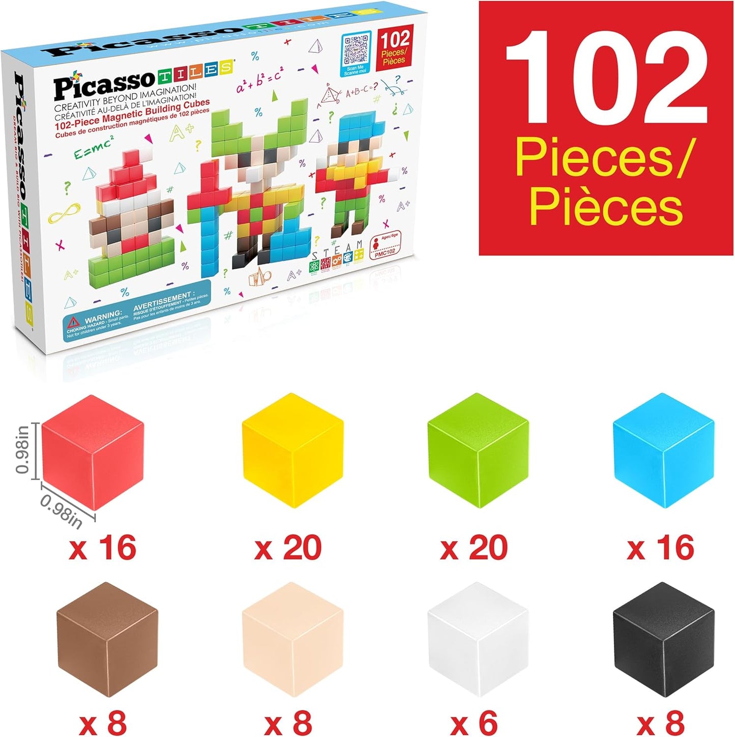 PicassoTiles 60pc Magnetic Puzzle Cube Building Set 1 Inch 3D Blocks STEM Construction Toy for Toddlers Kids Boys Girls Age 3+ Montessori Learning Travel Sensory Gift with Educational Idea Book PMC60