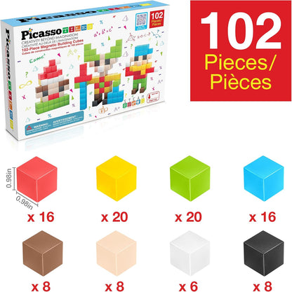 PicassoTiles 60pc Magnetic Puzzle Cube Building Set 1 Inch 3D Blocks STEM Construction Toy for Toddlers Kids Boys Girls Age 3+ Montessori Learning Travel Sensory Gift with Educational Idea Book PMC60