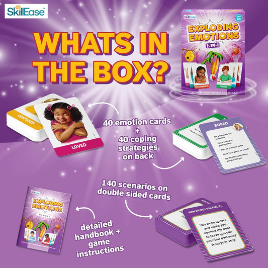 SkillEase Exploding Emotions Flashcards and Game: 2 in 1, Hilarious Family Fun, Social Emotional Learning, Feeling Cards for Kids, Teaches Social Skills, Autism