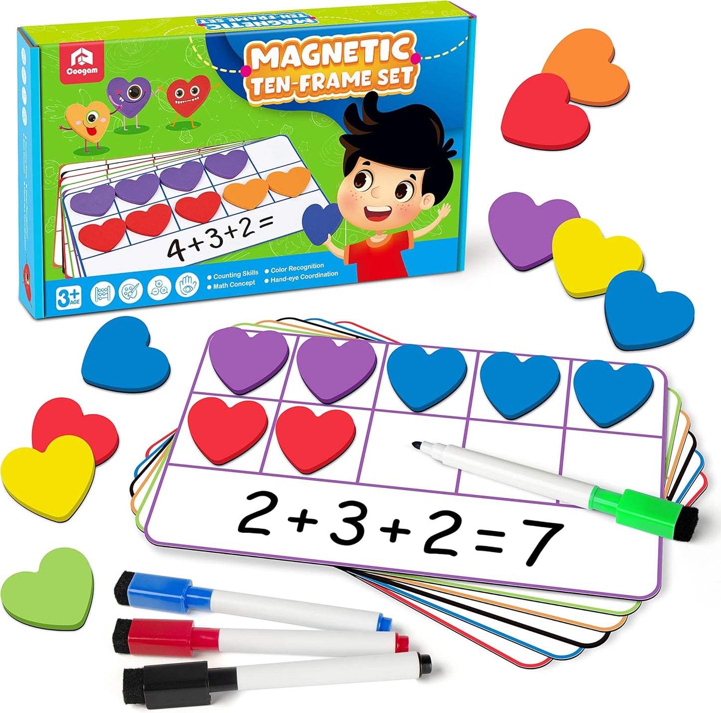 Coogam Magnetic Ten-Frame Set, Math Manipulative EVA Number Counting Games, Montessori Educational Toy Gift for Kindergarten Classroom Kids 3 4 5 Year Old