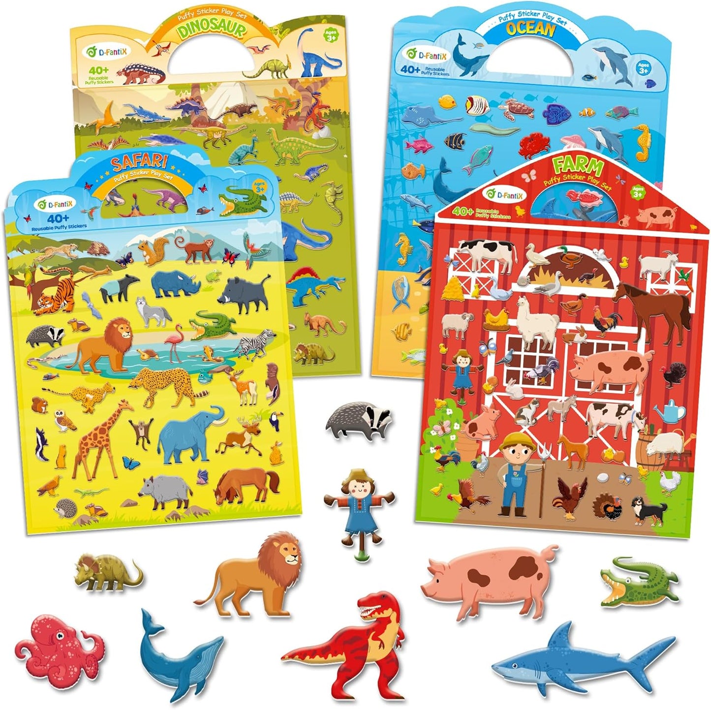 D-FantiX 3D Puffy Stickers for Kids Ages 4-8, Reusable Sticker Books for Toddlers 2-4 Years, Farm Dinosaur Ocean Safari, Car Road Trip Activities, Airplane Travel Toys, Birthday Gifts for Boys Girls