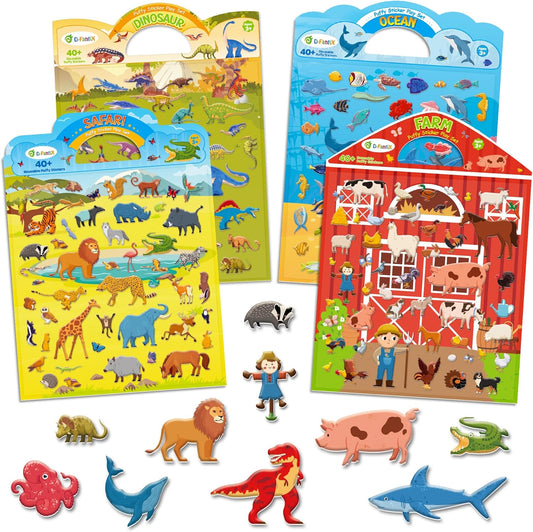 D-FantiX 3D Puffy Stickers for Kids Ages 4-8, Reusable Sticker Books for Toddlers 2-4 Years, Farm Dinosaur Ocean Safari, Car Road Trip Activities, Airplane Travel Toys, Birthday Gifts for Boys Girls