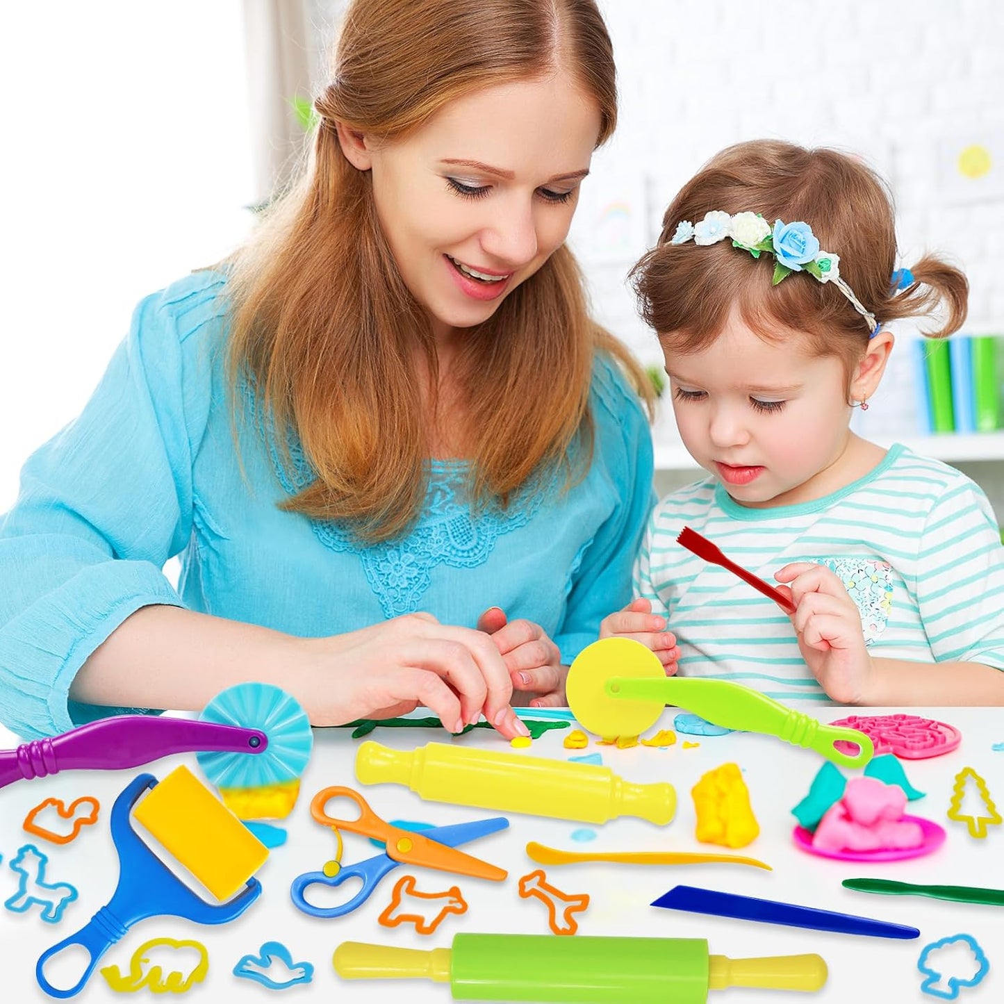 LCY WEDSHI Dough Tool Set, 9 Pcs Dough Tools Sets for Kids Ages 4-8, Dough Accessories Includes Cutters Roller, Rolling Pins, Safety Scissors, Plastic Knife, Plastic Rollers