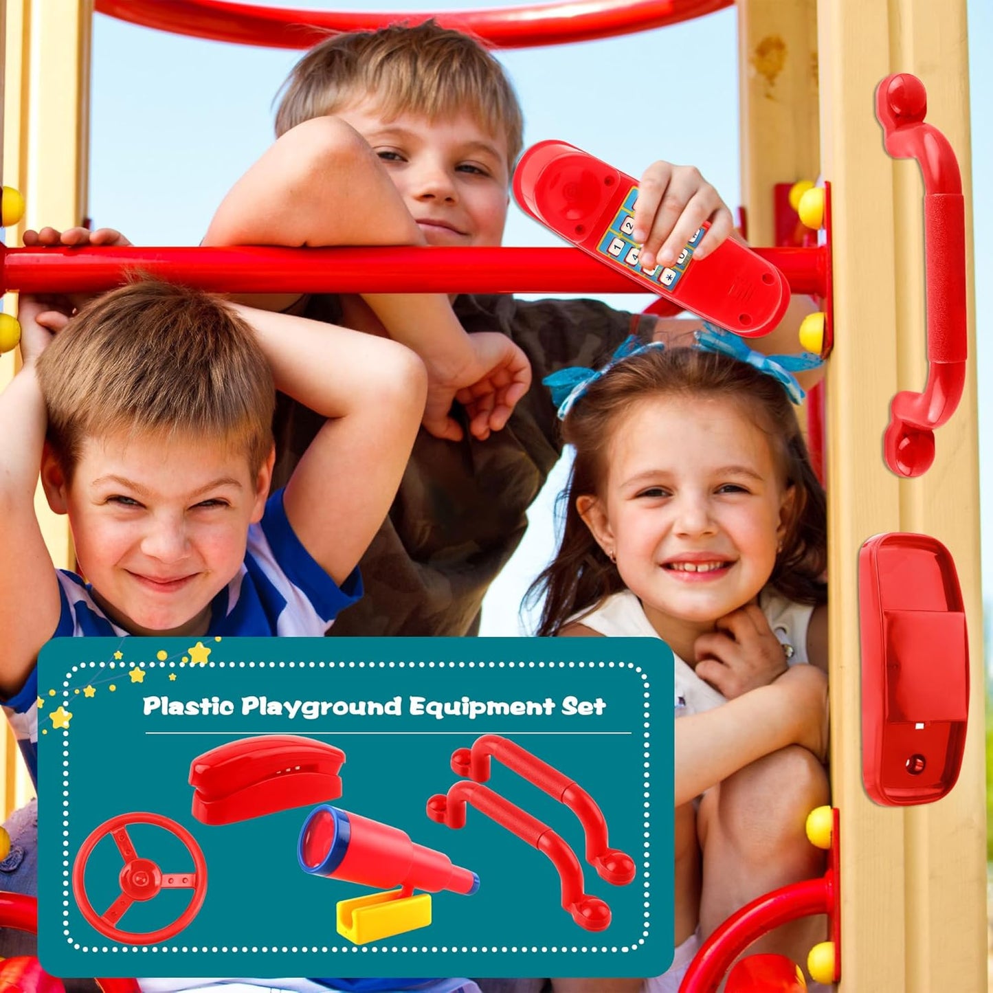 5 Pack Kids Playground Accessories Set Swingset Steering Wheel Plastic Telescope Safety Handles Telephone Toy for Outdoor Playhouse Playset (Color Set 4)