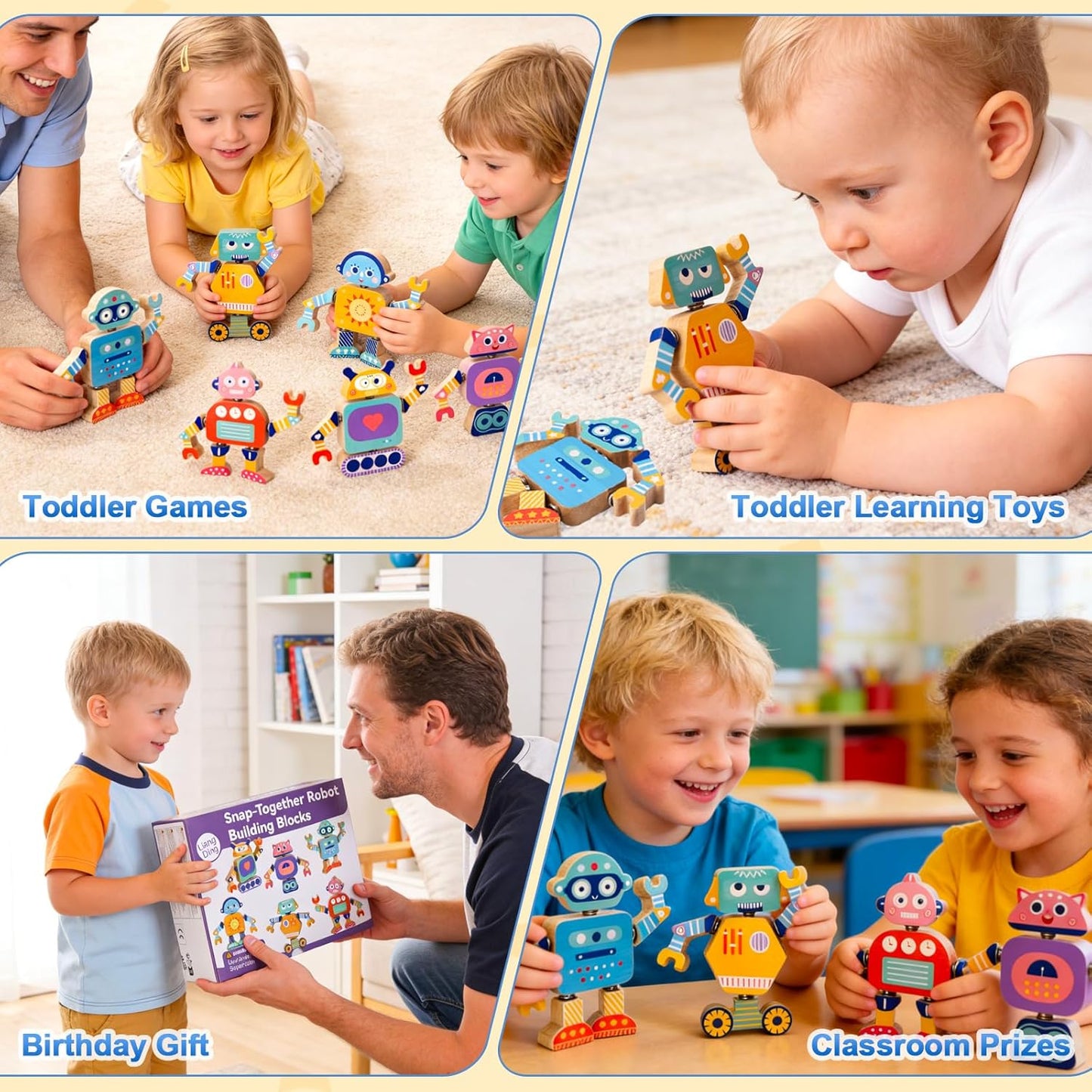 Robots Wooden Snap-Together Building Toys – 28-Piece STEM Montessori Educational Blocks for Toddlers Ages 3–6 | Fine Motor Skills Development | Safe, Durable, Creative Robot Toys Gift for Kids