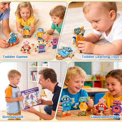 Robots Wooden Snap-Together Building Toys – 28-Piece STEM Montessori Educational Blocks for Toddlers Ages 3–6 | Fine Motor Skills Development | Safe, Durable, Creative Robot Toys Gift for Kids