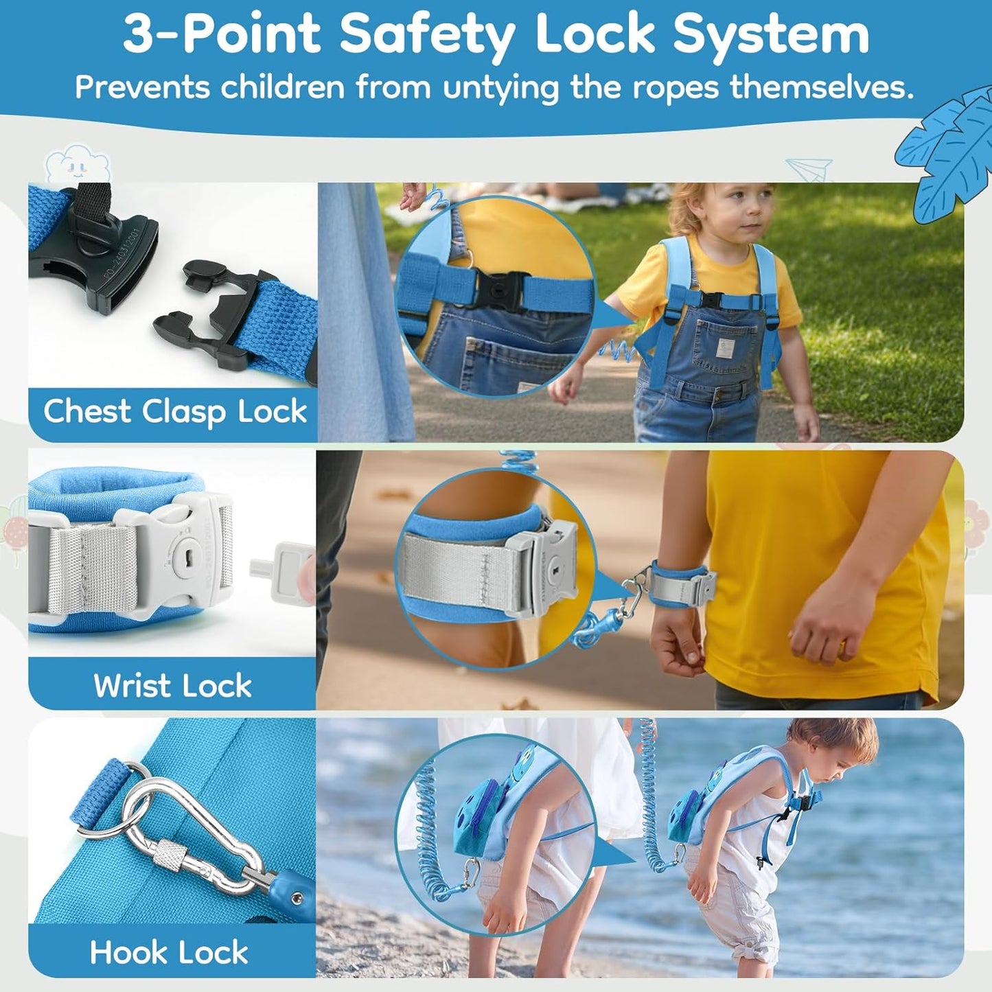 Dr.meter 3 in 1 Toddler Harness Leash + 8.2ft Anti Lost Wrist Link, Cute Dinosaur Kids Safety Harness Tether with Key Lock, Child Protective Leashes While Walking for Outdoor Activity Keep Kids Close