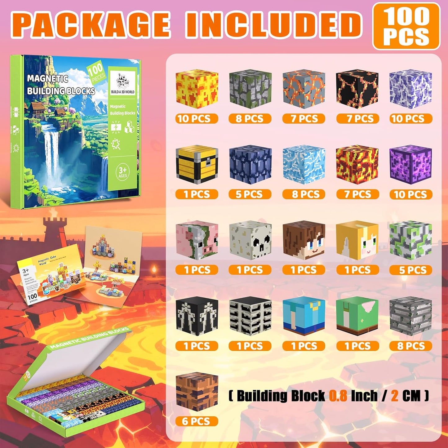 Magnetic Blocks Toys for Kids, 100 PCS Building Blocks Cubes, Stacking Magnetic Tiles Toys for Kids Toddlers Boys Girls Ages 3 4 5 6 7 8-12 Birthday Gifts Party Supplies (Underworld)