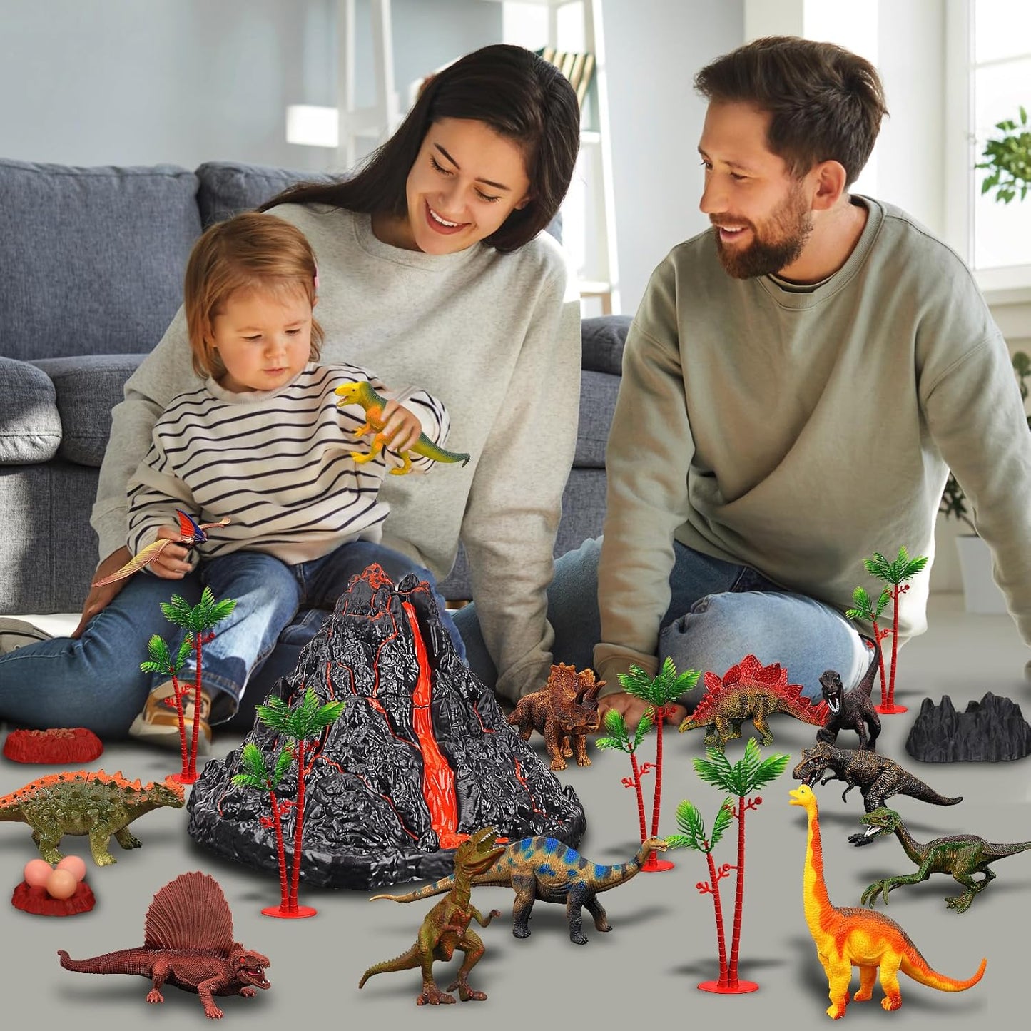 Large Volcano Set with 9 Realistic Dinosaur Action Figures for Kids 2 3 4 5 6 8 10 Years, Simulated Volcanic Eruptions w/Sounds, Volcano Can Store Dinos, Gift for Toddlers Boys & Girls