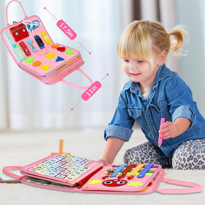 Esjay Toddler Busy Board Montessori Toys for Boys Girls, Sensory Book Educational Activities for Learning Fine Motor Skills, Birthday Gifts for Toddlers, Travel Toys for Airplane Car, White Dinosaur
