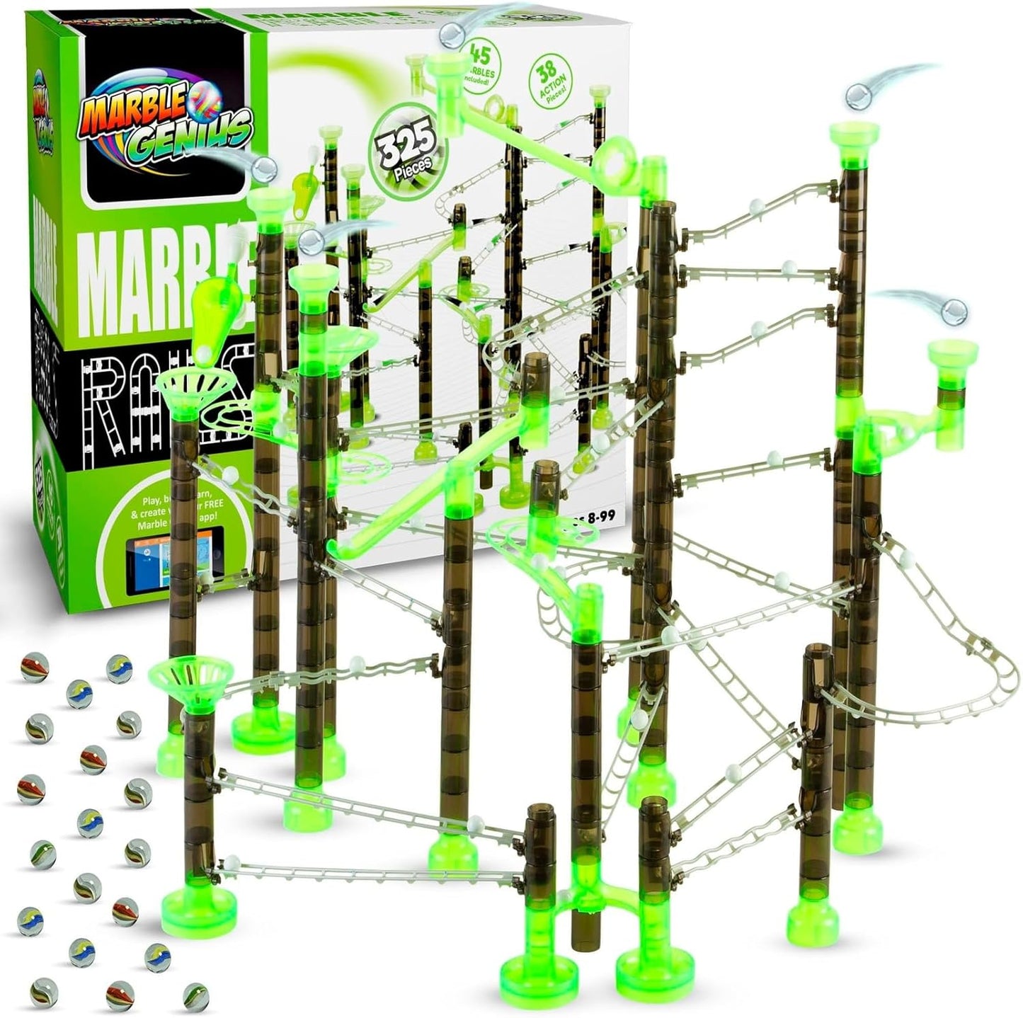 Marble Genius Marble Rails Starter Set, 200 Piece Marble Run for Kids 8+ (30 Marbles, 30 Rail Pieces, 12 Base Pieces & More), STEM, Full-Color Instructions, Great for Kids & Teens