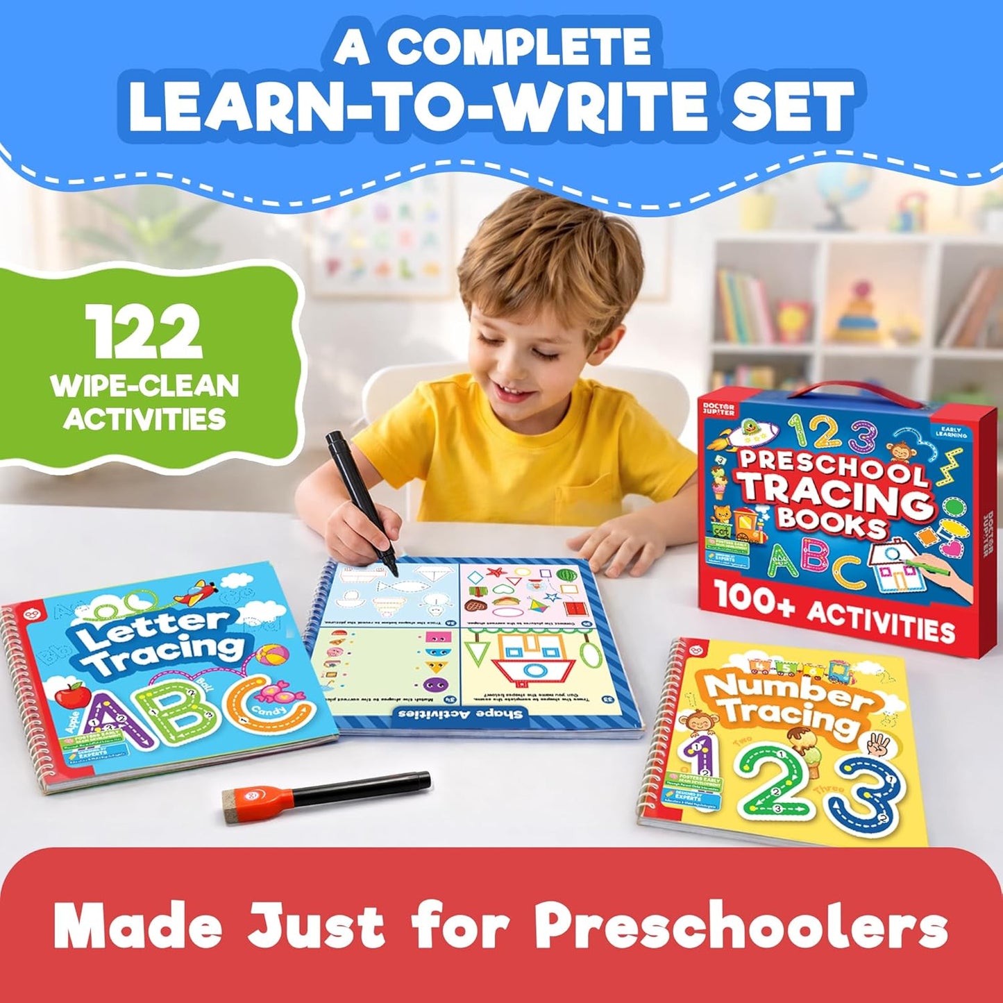 Doctor Jupiter Preschool Tracing Books for Kids Ages 3-5 | 100+ Wipe-Clean Learning Activities - Kindergarten Workbook with Lines, Shapes, Letters & Numbers | Educational Toys, Writing Practice