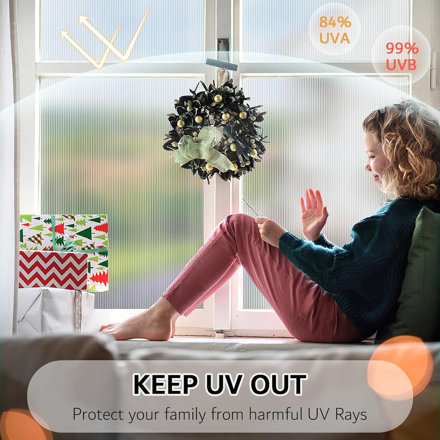 VELIMAX Reeded Glass Privacy Film, Frosted Window Vinyl, 3D Decorative Window Decals Non Adhesive for Bathroom & Living Room, 17.7x118 inches