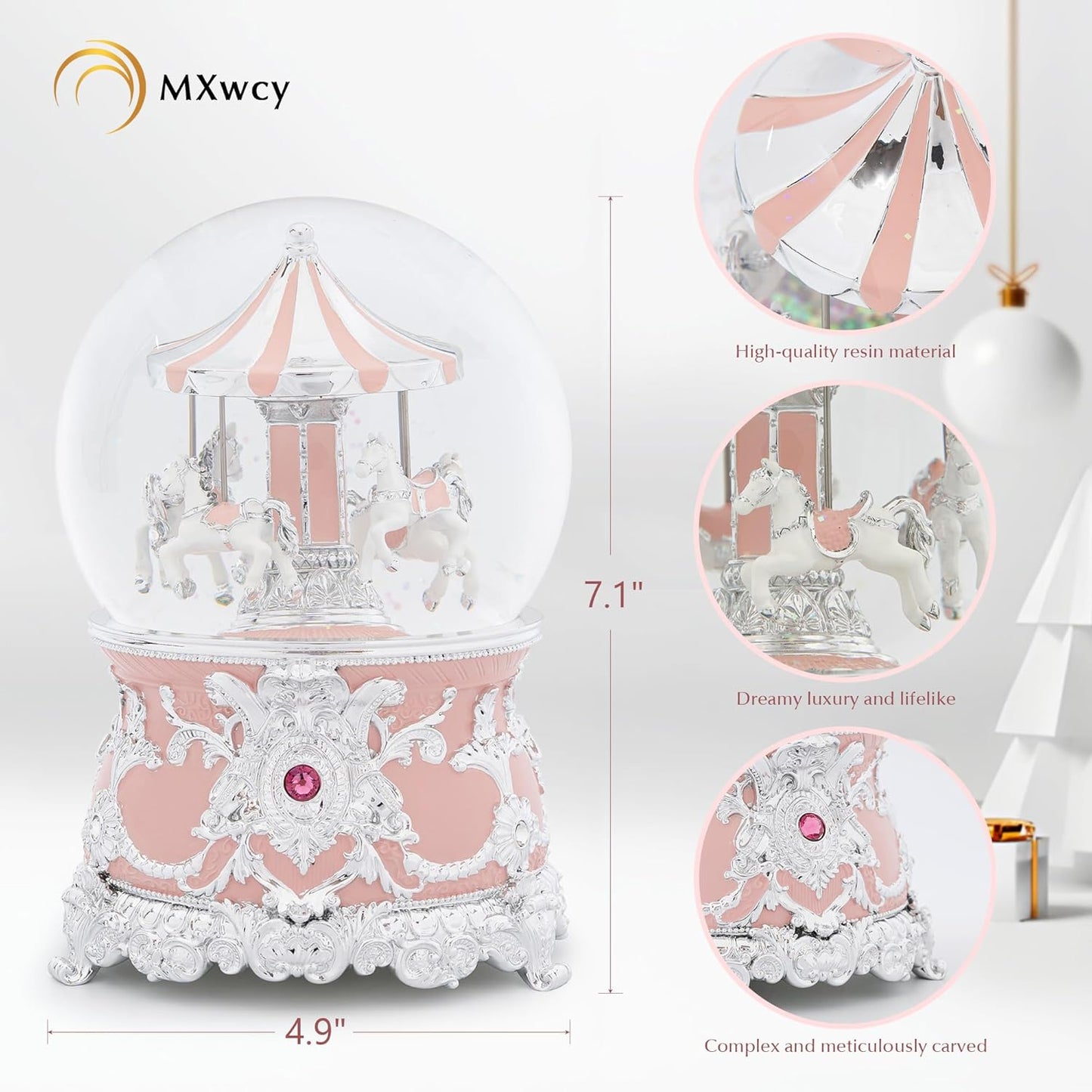 Carousel Music Box Gold & Ivory Christmas Snow Globes, 8.3" Rotate Carousel Snow Globe for Kids & Adults, Classic Wind up Musical Snow Globe Birthday Gifts for Women Girls, Carousel Horse Home Decor