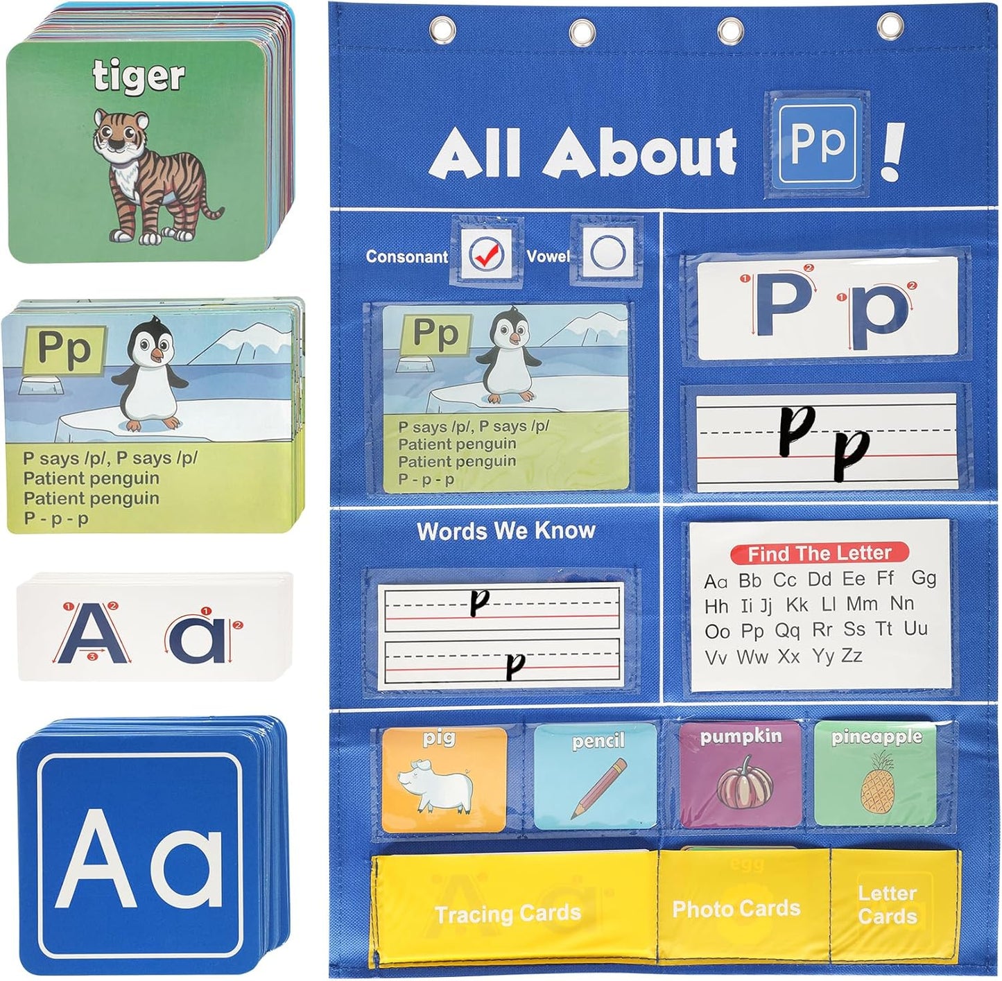 Alphabet Learning Pocket Chart, All About Letter Pocket Chart, ABC Letter Tracing & Sound Recognition Activity Wall Chart for Toddlers, Preschool & Homeschool Classroom Must Haves
