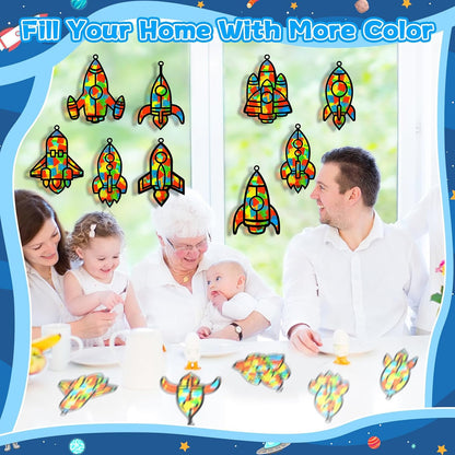 32 Sets Outer Space Suncatchers Craft Kit DIY Window Stained Glass Effect Planet Astronaut Alien Paper Crafts Home School Classroom Decoration Kid Birthday Gift Creative Art Project Activity Game - Colors A