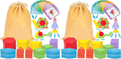 LovesTown 209 PCS Shapes Wooden Pattern Blocks for Kids, Geometric with Activity Cards and Storage Bag, Educational Tangram Puzzles,Great Learning Gift from Parents or Teachers