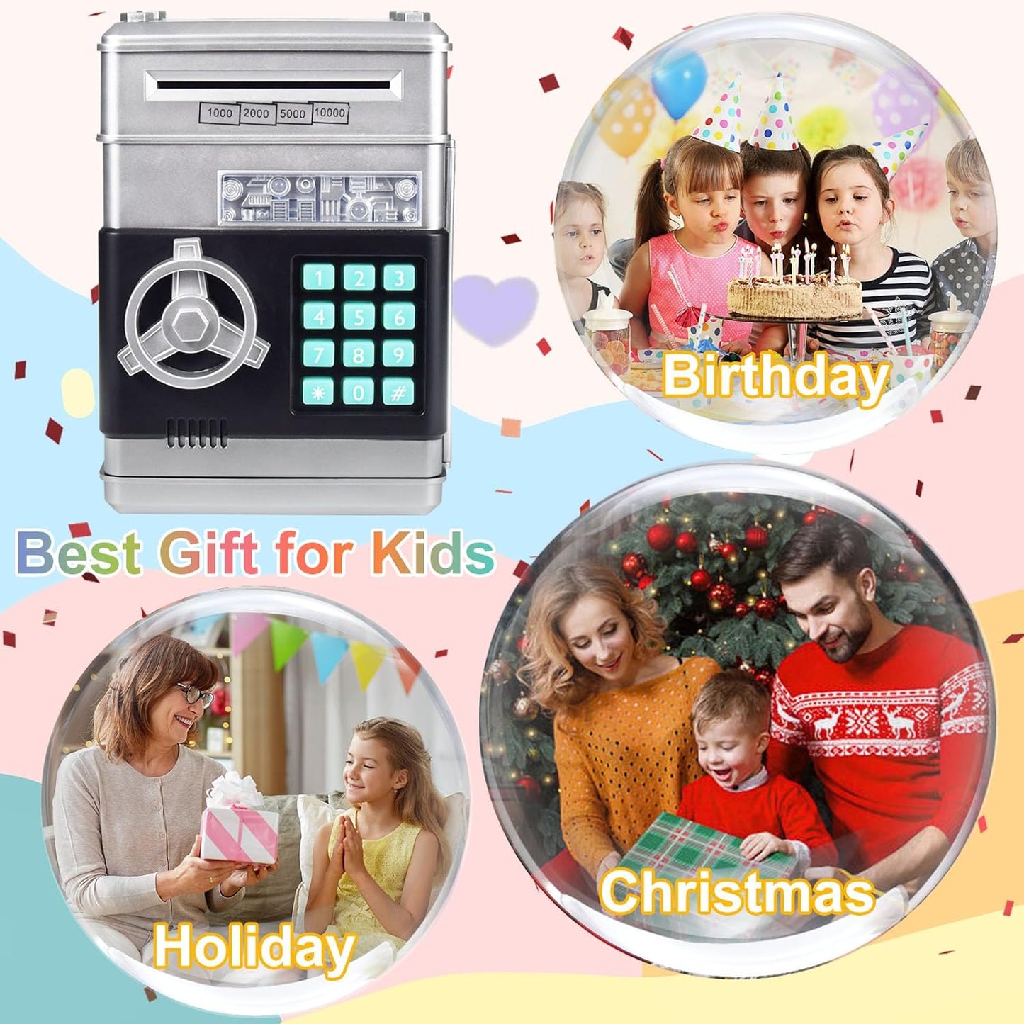 HUSAN Piggy Banks Money Banks for Kids, Electronic Password Code Money Banks ATM Banks Box Coin Bank for Children Boys and Girls (Grey Bue)