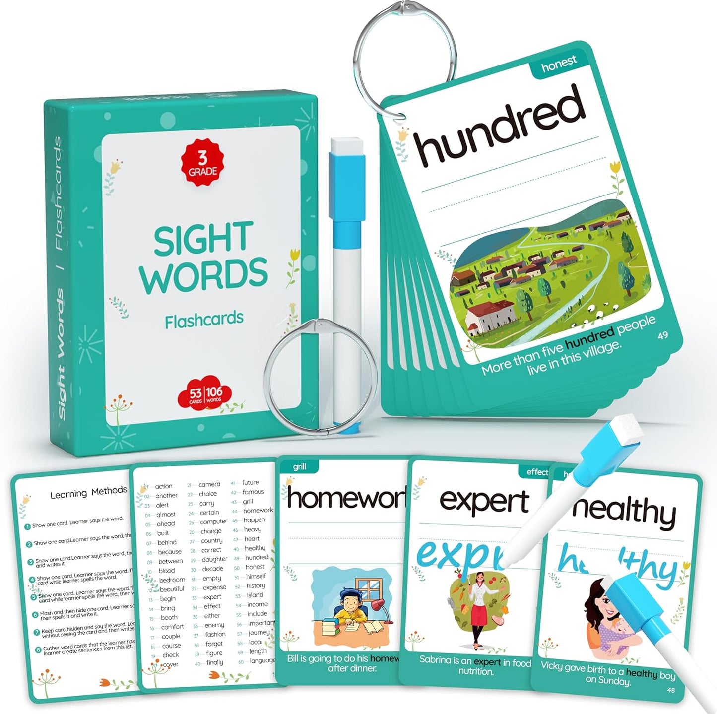 WJPC 55 Cards, 106PCS High Frequency First-Grade Sight Words Flash Cards, 1st Grade Phonics Learning Cards for 5,6,7,8 Years Ages Kids Boys, Girls Learn to Read, Write, Association, Sentence Making