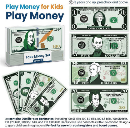 700Pcs Play Money Set for Kids – Educational Learning Bills for Teaching Math & Counting – Prop Fake Money Refill for Board Games & Cash Register Toy