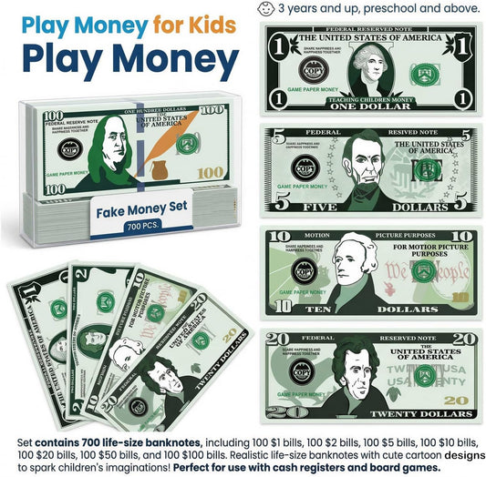 700Pcs Play Money Set for Kids – Educational Learning Bills for Teaching Math & Counting – Prop Fake Money Refill for Board Games & Cash Register Toy