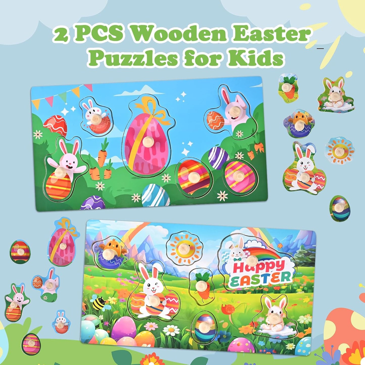 Wooden Peg Puzzles for Toddlers 1-3, 2 Pcs Montessori Puzzles, Animal & Sea Themes Puzzles, Great Preschool Educational Learning Gifts for Girls and Boys